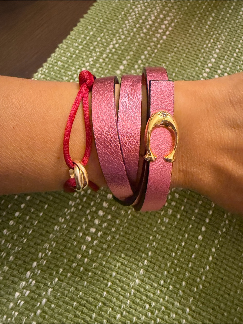 Coach Pink Leather Wrap Bracelet with Gold Horseshoe Accent